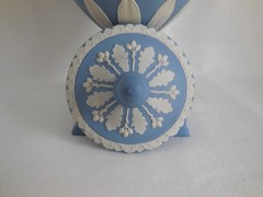 1968 Wedgwood Blue Jasperware Erato & Urania 11.5″ Tall Urn w/ chip underneath