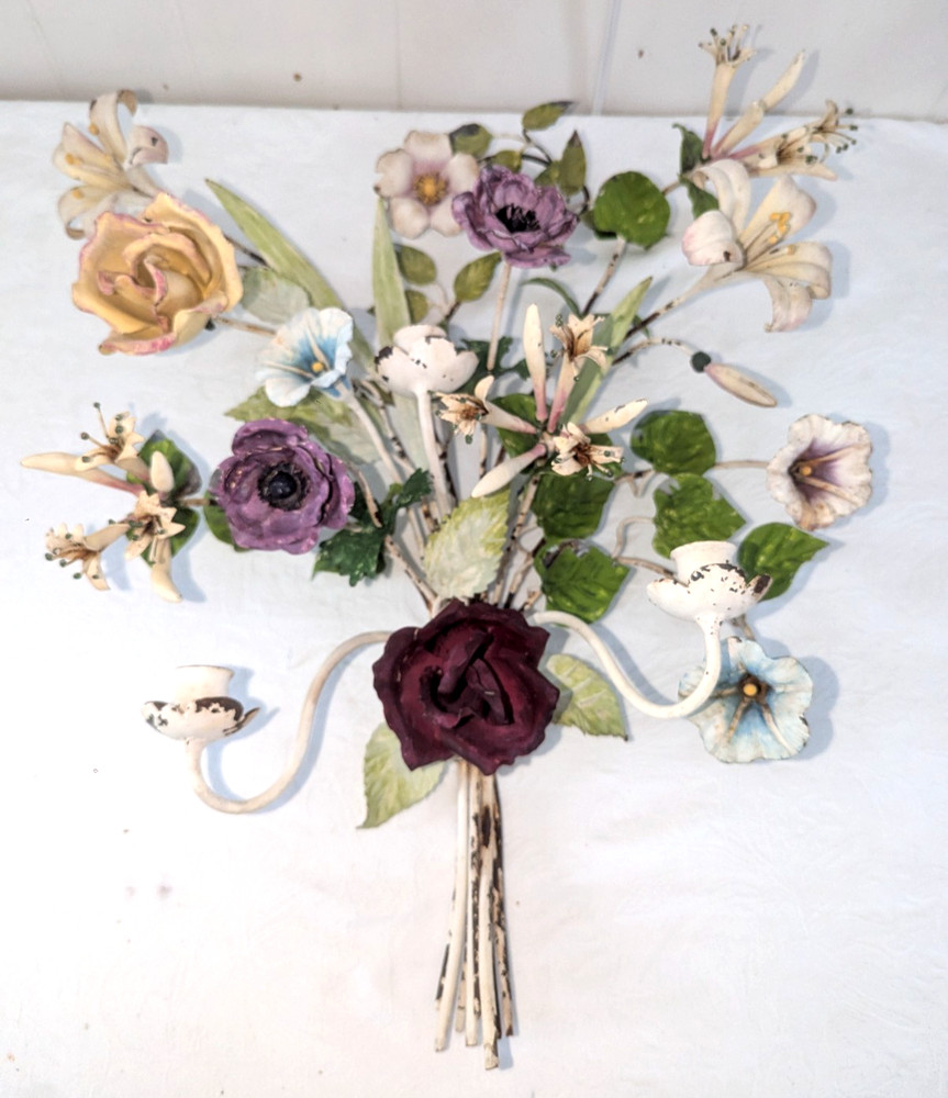 Gorgeous Large Italian Tole Painted Metal Flowers Roses Wall Sconce 3 Candle
