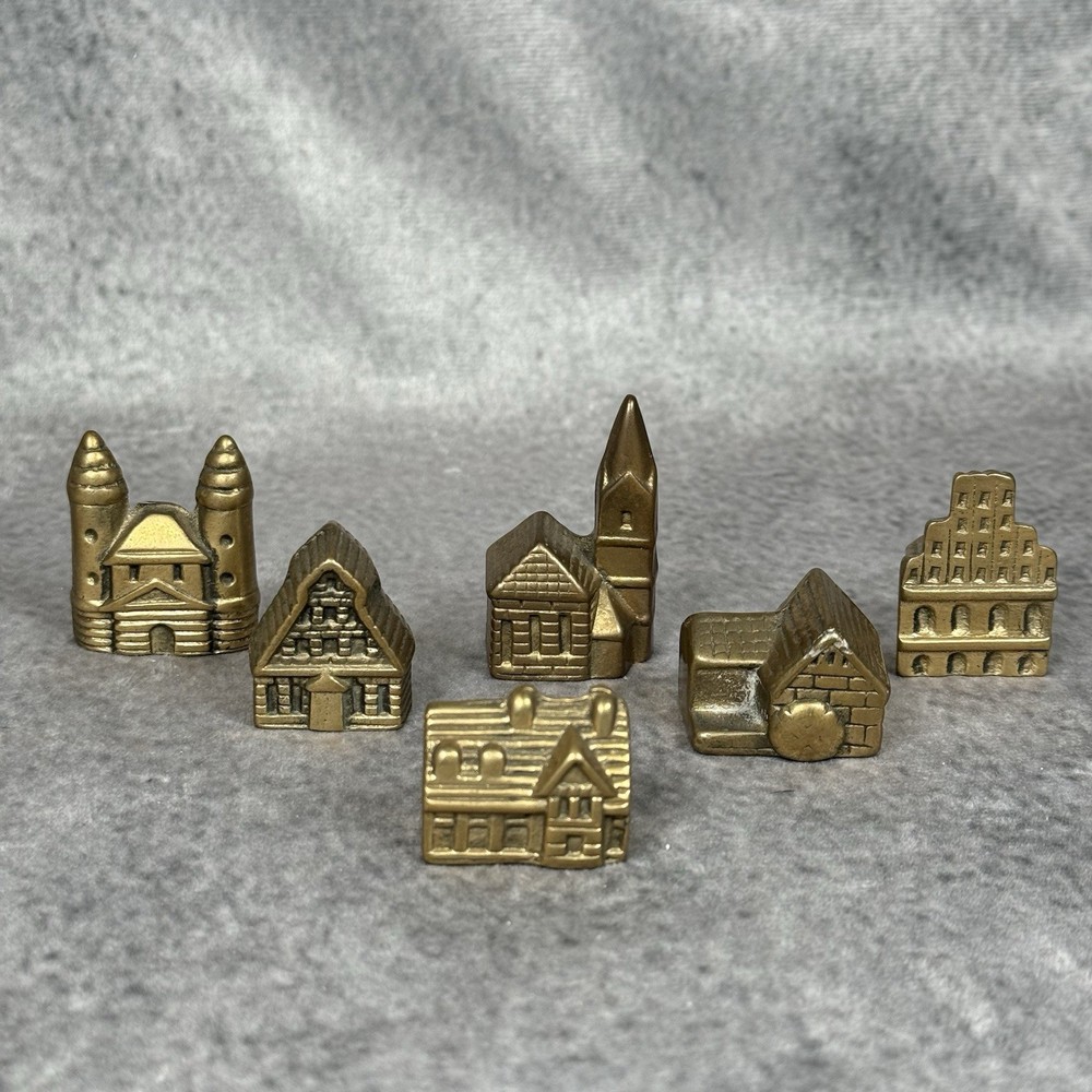 Vintage Set Of 6 Miniature Brass ‘Old Mill’ Buildings Figurines Houses