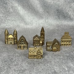 Vintage Set Of 6 Miniature Brass ‘Old Mill’ Buildings Figurines Houses