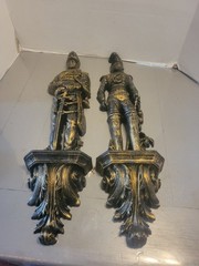 Vintage Pair 1965 Burwood Medieval Soldiers knight Wall Hanging Black & Gold