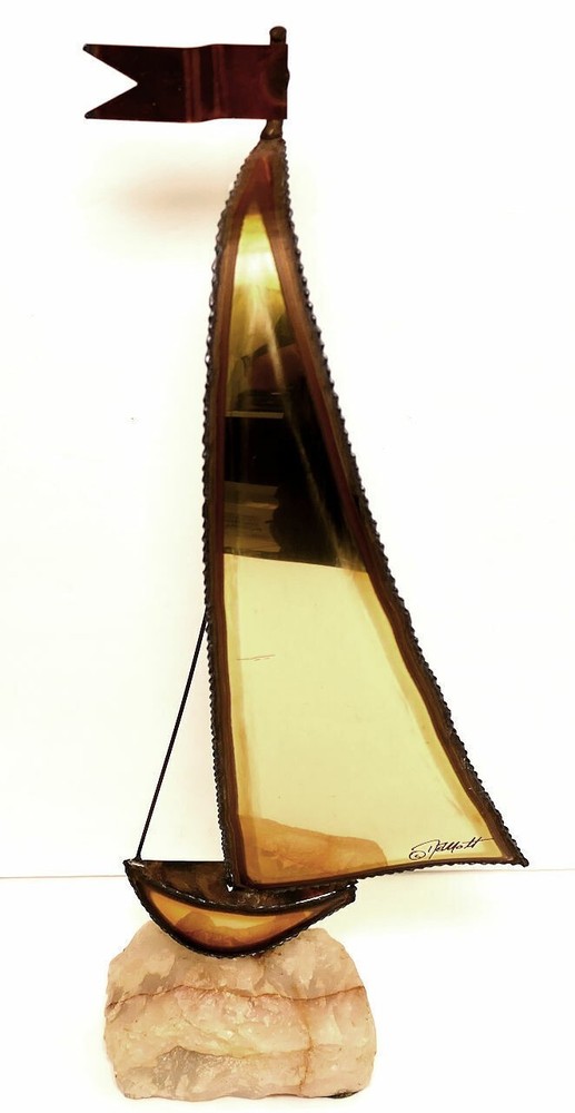 Vintage Signed John De Mott Brass Copper Sailboat Sculpture Onyx Base 15″ tall