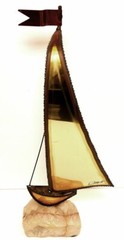 Vintage Signed John De Mott Brass Copper Sailboat Sculpture Onyx Base 15″ tall