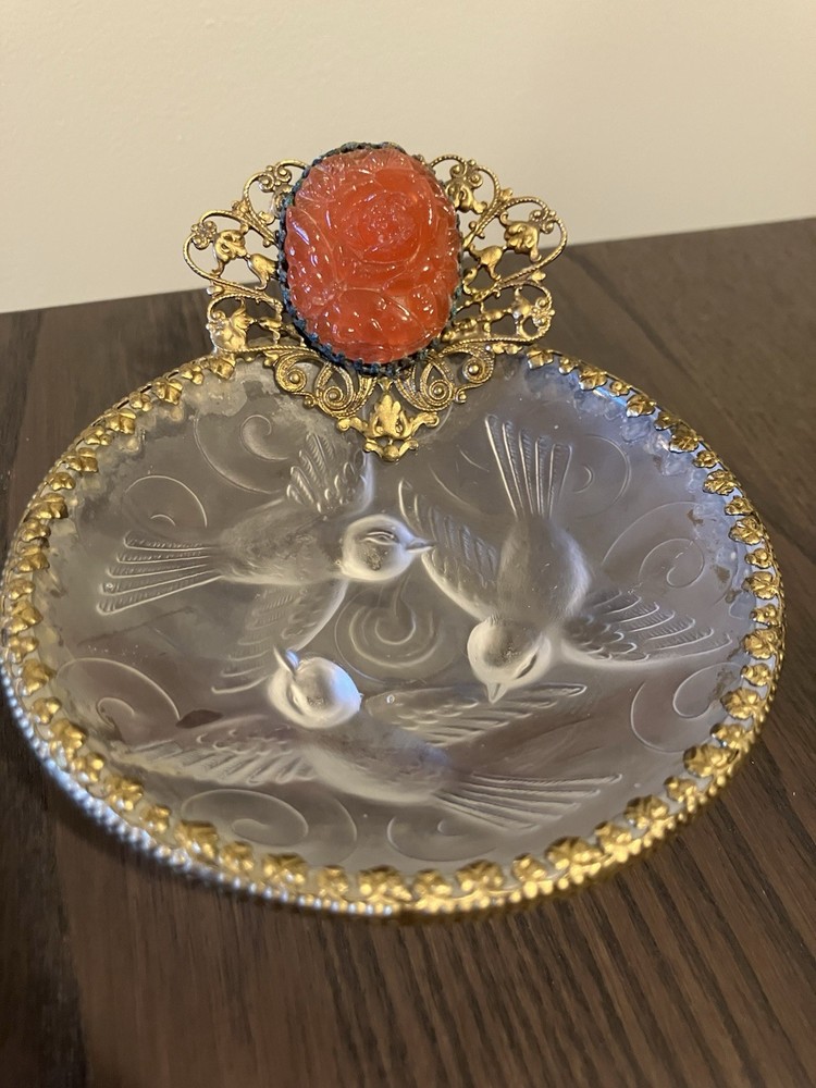 French Ormolu Dish~Frosted Glass Birds And Gilt Brass Trimmed With Carved Cameo.
