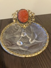 French Ormolu Dish~Frosted Glass Birds And Gilt Brass Trimmed With Carved Cameo.