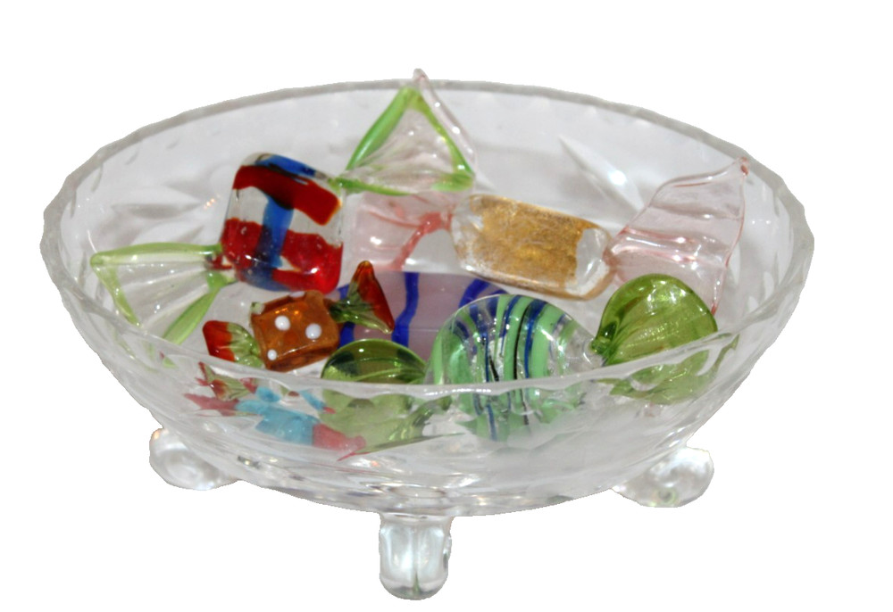 6 Glass Wrapped Candy Pieces Murano Style With Clear Glass Unbranded Bowl-WRC
