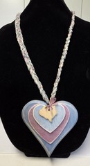 Cottagecore Blue Pink Wood Hearts Rabbit Hang Decor Braided Fabric Vtg Necklace