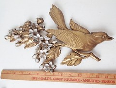 Vintage Syroco Bird Plaque with Dogwood Flowers Wall Art Decor Gold Tone
