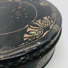 Vintage Art Deco Metal Tin Black & Gold w Flowers Du-All Mop Round Storage 1920s
