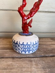 Faux Red Coral Specimen in Blue & White Floral Small Vase in Chinoiserie Style
