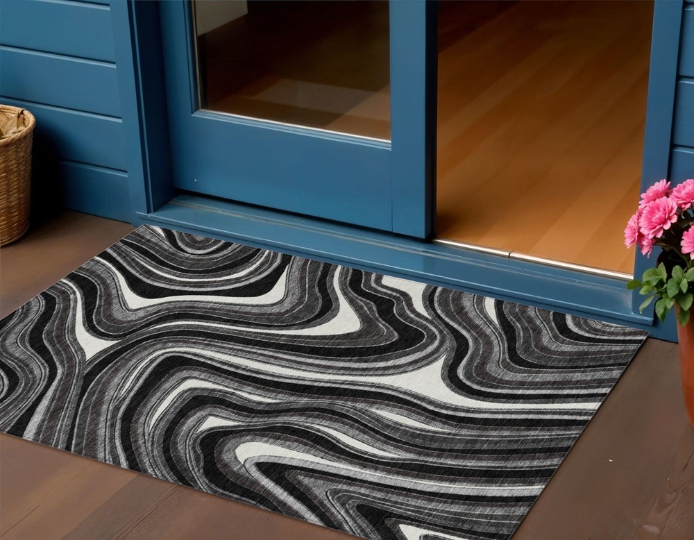 3′ X 5′ Black Gray And White Abstract Washable Rug