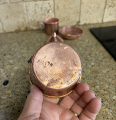 Vintage Copper Kitchenware Lot Small Cup Pot Pan Funnel Kettle
