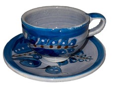 Tonala Mexican Cup Saucer Artisan Handcrafted Cobalt Blue Bird