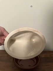 Vtg Nesting White Hen on Brown Pottery Basket -Weave Base Gold Trim Candy Dish