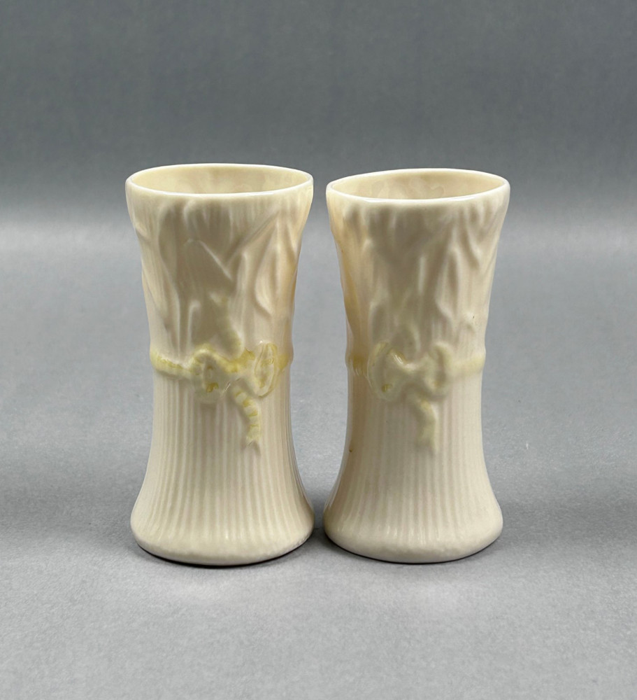 Pair of Vintage BELLEEK Ireland Yellow Ribbon Typha Spill Vases 3.75″ Gold Stamp