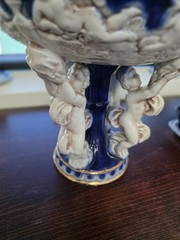 Italy Cherub Cobalt & White Gold Trim Pedestal Porcelain Fruit Bowl or Planter