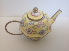 Miniature Brass Teapot w/ Painted Enamel YELLOW w/ Floral Design Unbranded VGC