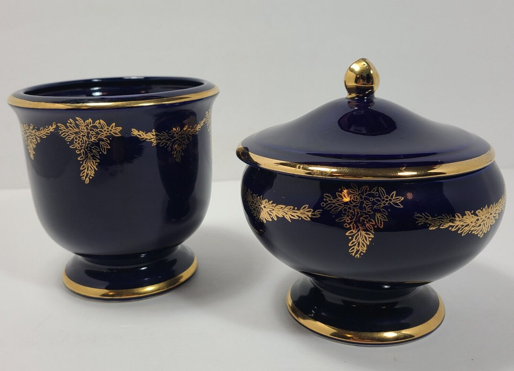 Enesco Japan Imports Cobalt Blue Gold Lidded Dish and Vase Set, Vintage