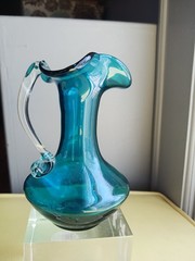 Antique ART GLASS HAND BLOWN PITCHER Pilgram Glass 5″ Blue Bud Vase Creamer