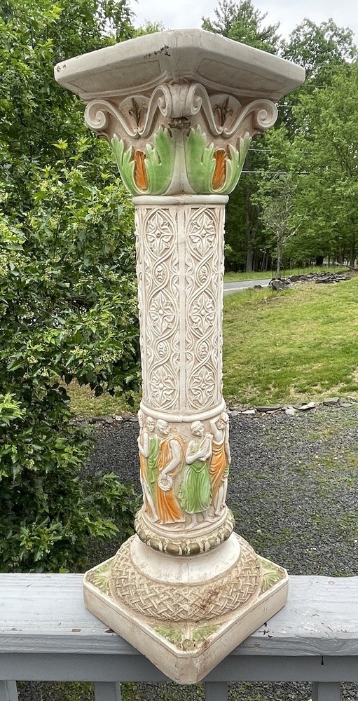 Vintage 20th C Plaster Neoclassical Jardiniere Pedestal Stand 9 Muses Garden Art