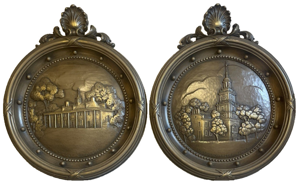 2 HOMCO Patriotic Independence Hall Mount Vernon Wall Decor Brown Gold VTG 60s