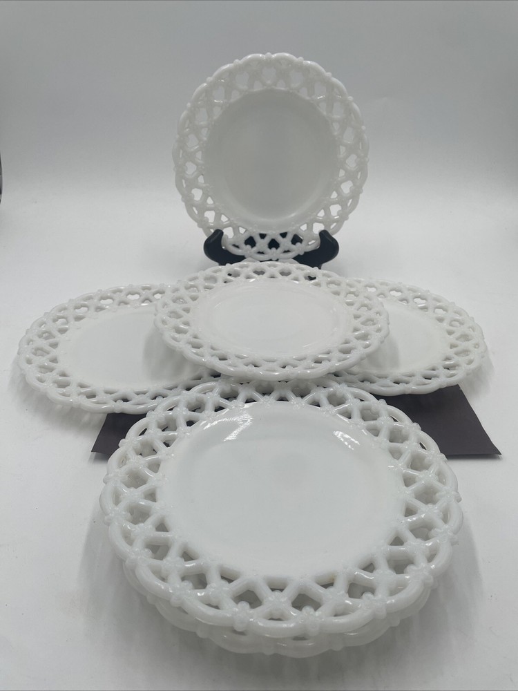 6 Westmoreland White Milk Glass Open Lace Reticulated Edge Heavy 8.5” Plate Set!