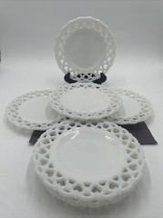 6 Westmoreland White Milk Glass Open Lace Reticulated Edge Heavy 8.5” Plate Set!