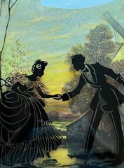 Vintage Silhouette Painted On Convex Glass 6″ x 8″ Couple Crossing Creek 1940s