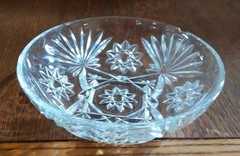 Vintage Unbranded, Clear, Etched Crystal Bowl, 7 in., Flower & Sunburst Pattern