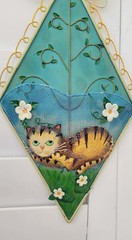 VTG 1990’s Hand-Painted Cat Wall Pocket, Tin w/Metal Mesh & Dragonfly Accents