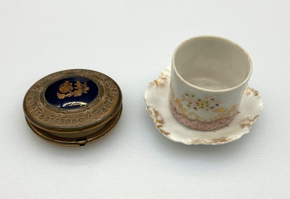 Limoges France black enamel and gold compact, plate and unknown mfr stamp holder