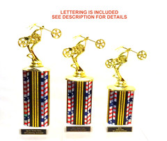 SET OF 3 MOTORCYCLE TROPHIES, CHOPPER WEEL UP TROPHIES R-W-B TROPHY