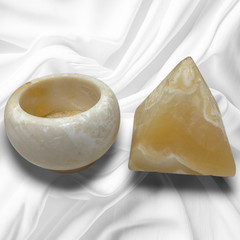 Vintage Carved Alabaster Decorative Bowl Vessel & Pyramid Sculpture Stone Lot