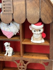 Vintage Wall Or Table Wooden House Shaped Shadowbox W/Red Backing 7 Items Total