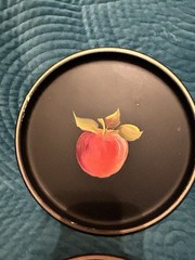 Vintage Hand painted Toleware On Metal -4 Pieces W Gorgeous Fruit & A Pink Rose