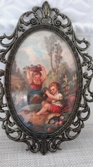 Vintage Made in Italy Kids Playing Print Oval Glass Ornate Metal Frame EUC