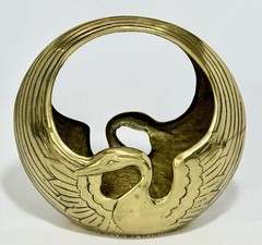Vintage MCM Solid Brass Swan Planter Bowl Catchall with Handle ~Korea
