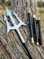 Handmade Poseidon Trident 60” Steel Spear Leather Wrapped Handle Cosplay Prop