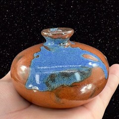 Vintage Hand Trown Art Pottery Bud Vase Signed Hand Made Ceramic Blue Red Drip