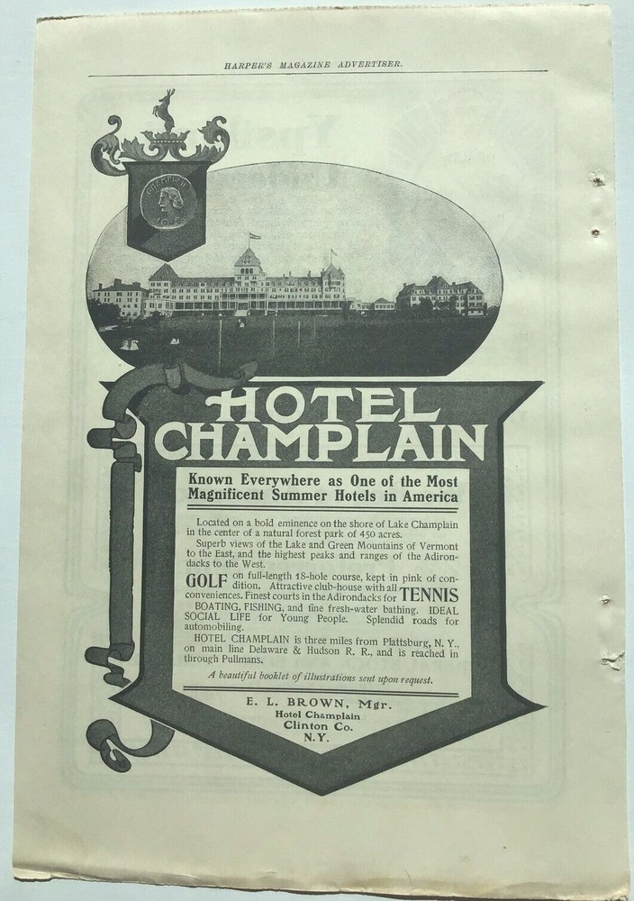 1905 Hotel Champlain Lake Champlain NY Harper’s Magazine Ad – Luxury Resort
