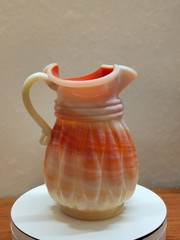 1940 Akro Agate Slag Glass Pitcher Orange Red Creamy White Swirl UV Glow