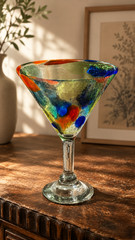 Mexican Hand Blown Confetti Margarita Martini Cocktail Glass Goblet Art Glass 7″
