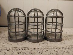 3 Vtg Cast Aluminum Light Bulb Cage & Glass Insert Lamp Industrial MCM
