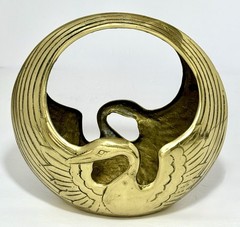 Vintage MCM Solid Brass Swan Planter Bowl Catchall with Handle ~Korea