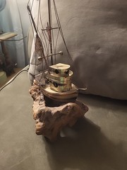 VTG Signed DeMott De Mott Fishing Trawler Shrimp Boat Burl Wood Base Nautical