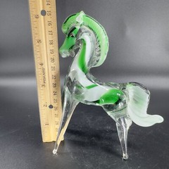 Hand Blown Art Glass Horse Figurine Paperweight Hand Made Glass Green White VTG