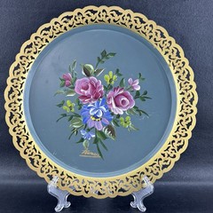 Vintage Nashco Products NY Hand Painted Floral Ornate Etching MetalTray (Signed)