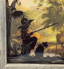 Pair Reverse Painted Silhouettes Framed Bubble Glass Small Country Boy W/Dog1930