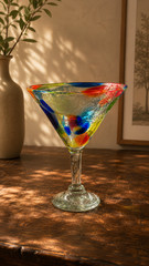 Mexican Hand Blown Confetti Margarita Martini Cocktail Glass Goblet Art Glass 7″