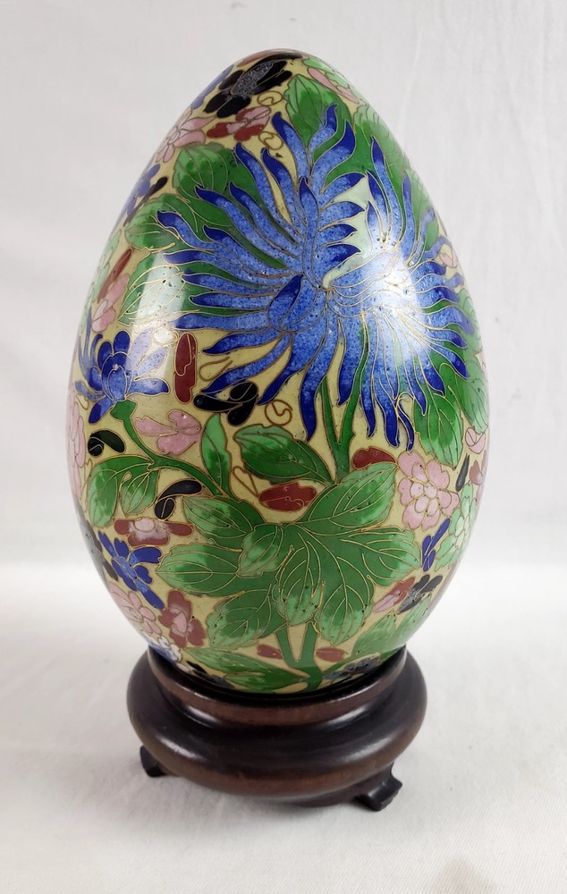 Vintage Large Floral Cloisonne Brass Enamel Egg w/ Wooden Stand 8.5″